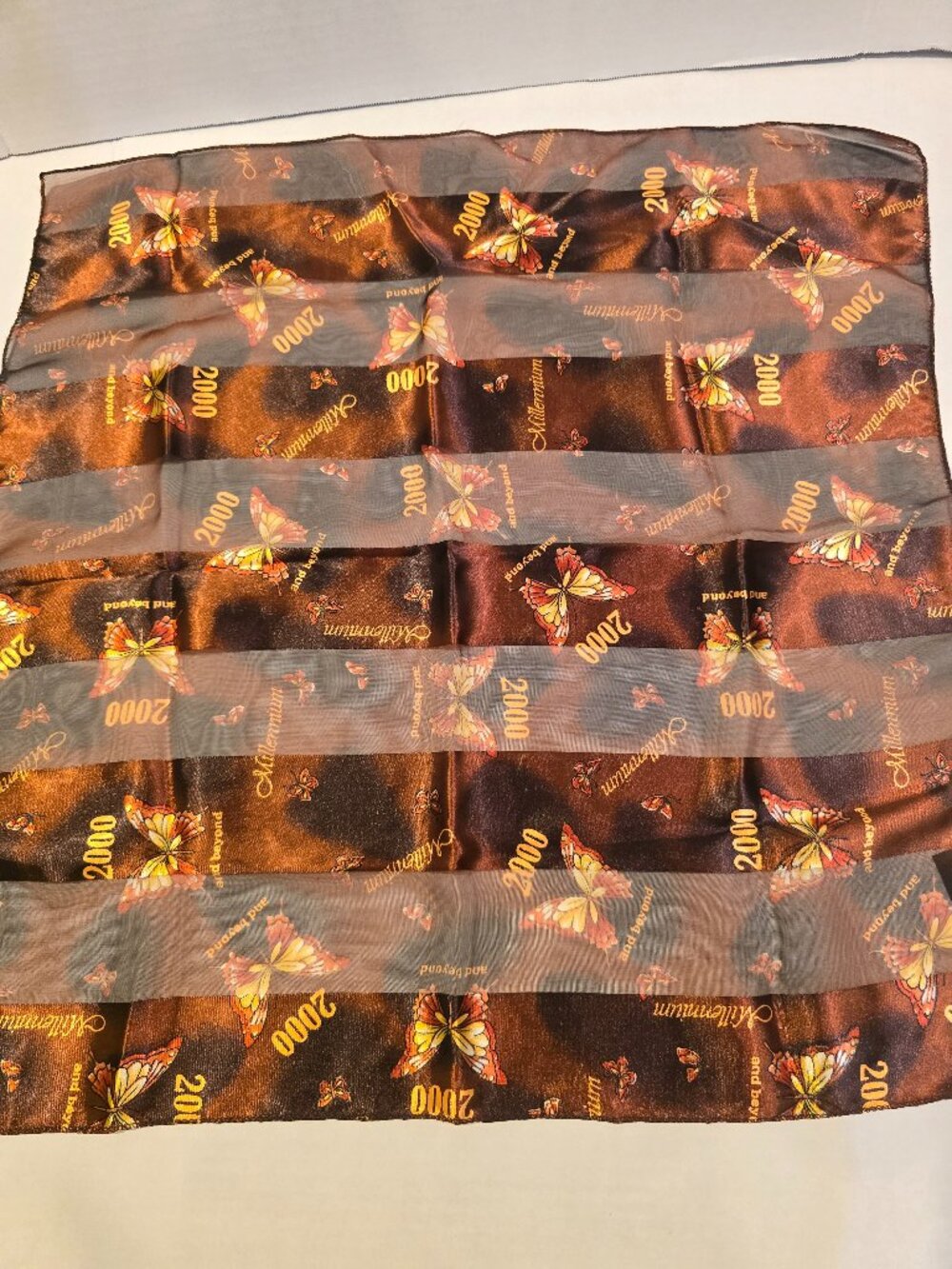 Scarf Square Brown Orange Yellow Butterfly 2000 Millennium Vintage